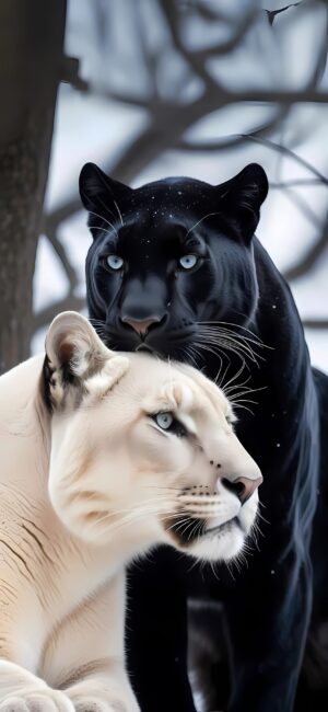 Black panther and white lion with blue eyes in a wintry forest | 4K Wallpaper for Mobile