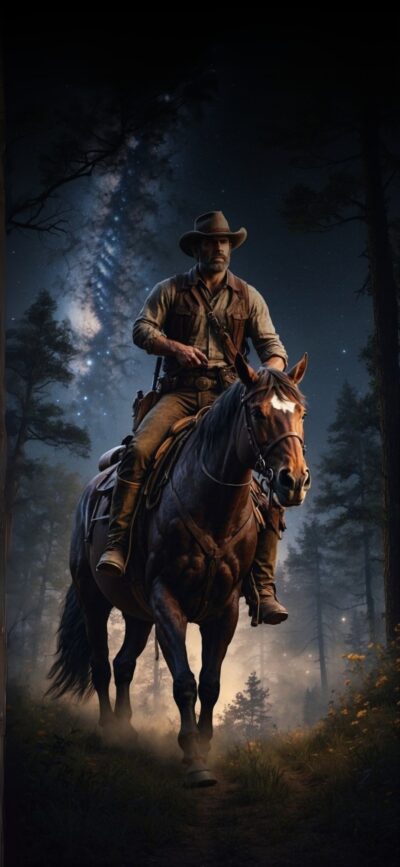 Cowboy riding a horse under a starry night sky in a forest, Wild West theme | Blue, Brown, Black | For Mobile | 4K Wallpaper