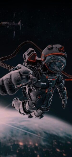 Futuristic astronaut in space wearing a high-tech suit with 'GameStop' logo, Earth and satellite in background | 4K Wallpaper for Mobile