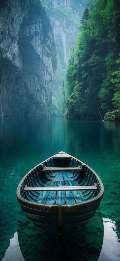 Blue wooden boat on clear turquoise lake with cliffs and lush forest in tranquil setting | 4K Wallpaper for Mobile