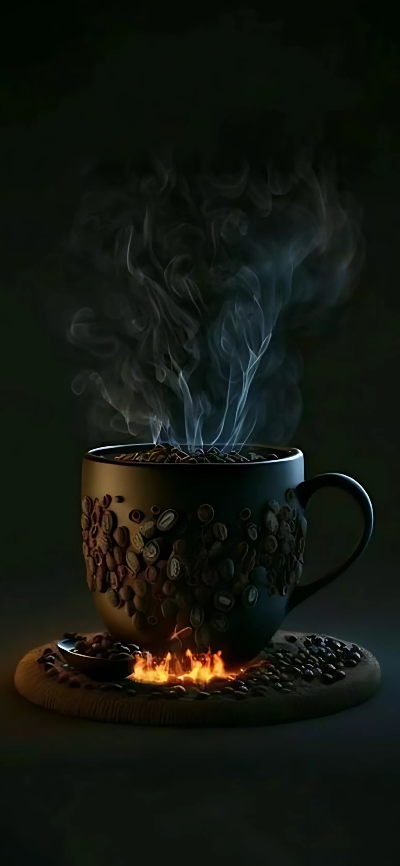 Steaming coffee cup on beans with flames on wood backdrop. Dark, atmospheric scene. For mobile | Brown & black tones | 4K Wallpaper