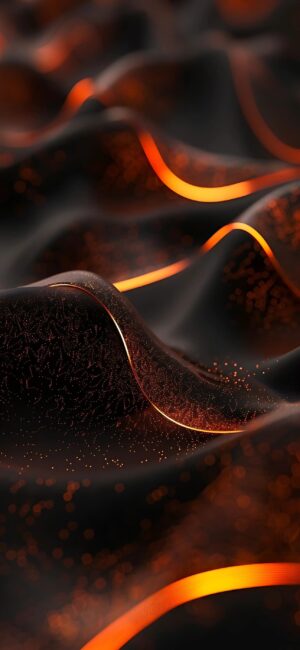 Abstract black and orange wallpaper with fluid patterns and glowing particles | 4K Wallpaper for Mobile