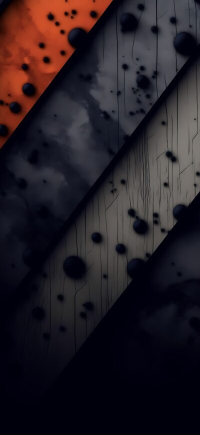 Abstract diagonal stripes in orange, grey, black with crackle texture and spheres | 4K Wallpaper for Mobile