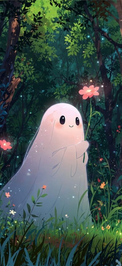 Ghost-like creature with glowing flower in a magical forest setting | Green, Pink, Blue | Enchanting | 4K Wallpaper for Mobile