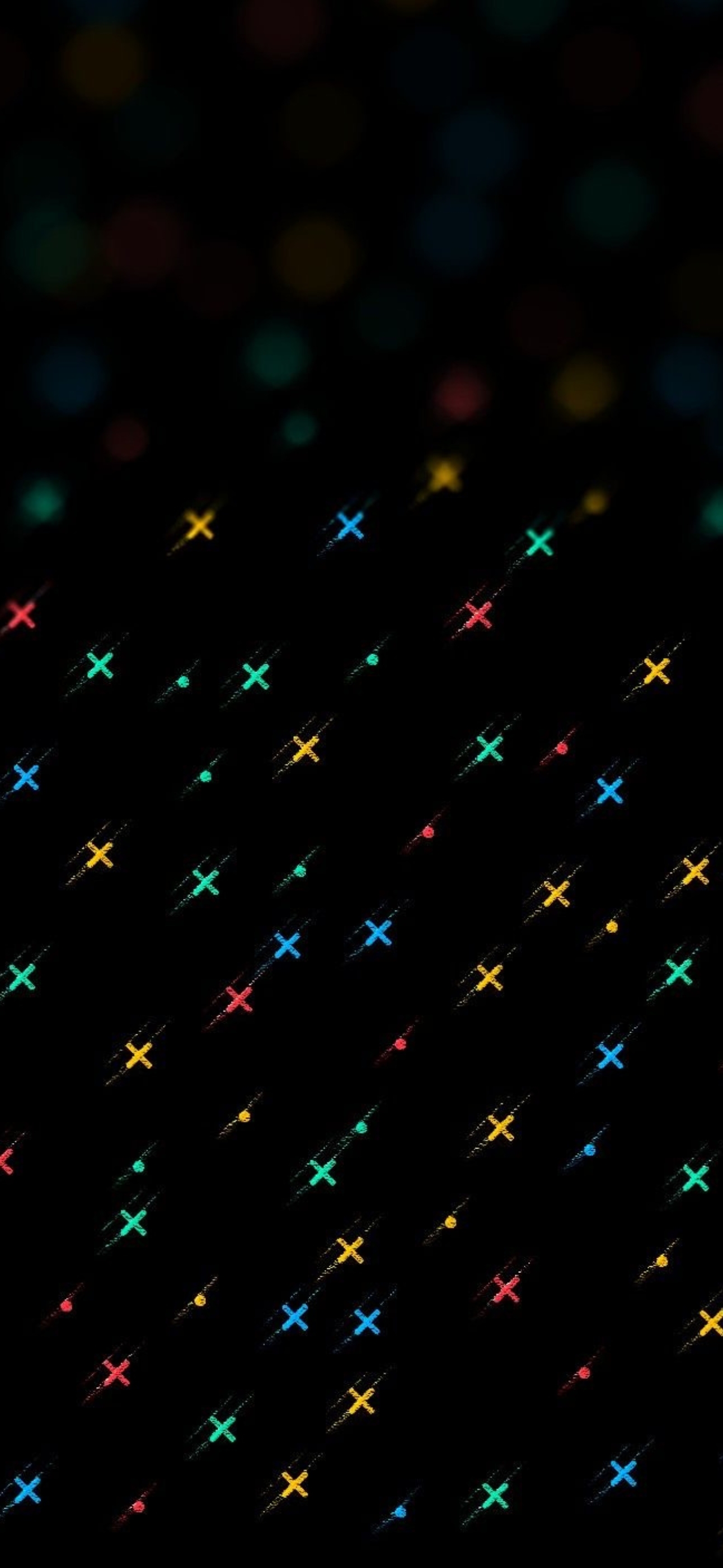 Colorful "X" shapes in yellow, blue, red, and green on black background; vibrant abstract pattern | 4K Wallpaper for Mobile