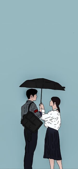 Minimalistic couple under umbrella on light blue background, intimate moment | 4K Wallpaper for Mobile | Black, Blue, White