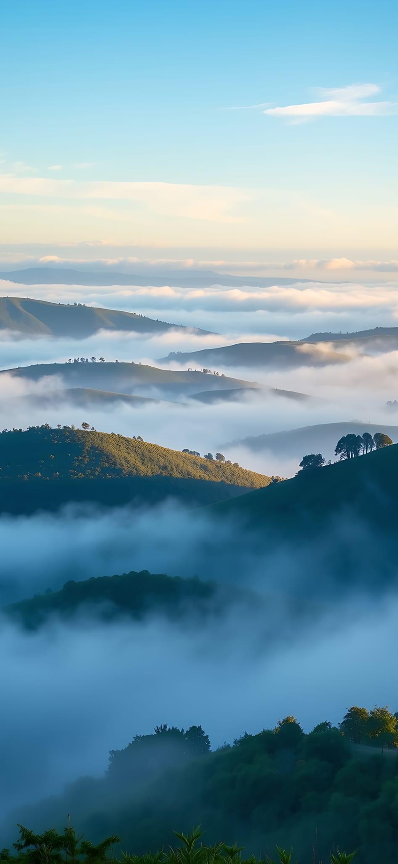 Serene landscape of misty hills and sunlight for mobile | 4K Wallpaper | Blue, green, and white hues create a tranquil nature scene.