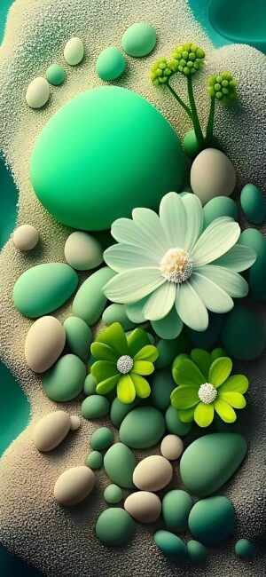 Serene stones and flowers in green and cream create a tranquil natural scene. | 4K Wallpaper for Mobile | Green, Beige