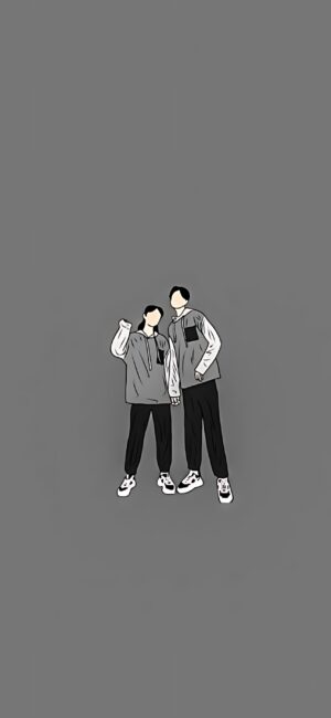 Minimalistic, abstract illustration of two faceless figures in streetwear on gray background | 4K Wallpaper, for Mobile