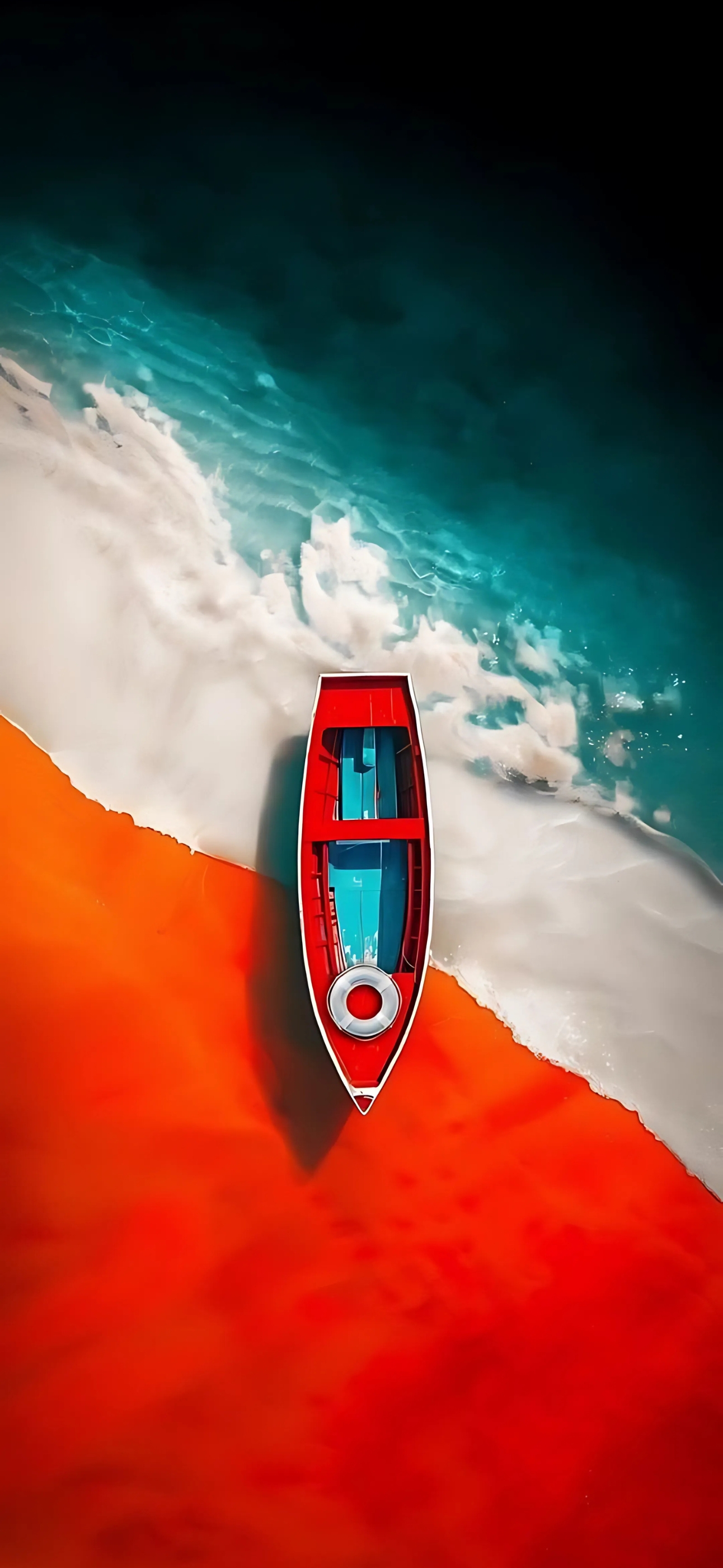 Red boat on turquoise water, top-down view, vibrant colors | 4K Wallpaper for Mobile