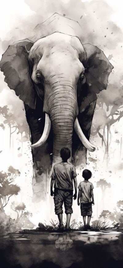 Black and white illustration of an elephant with children in a serene forest setting | 4K Wallpaper, for Mobile