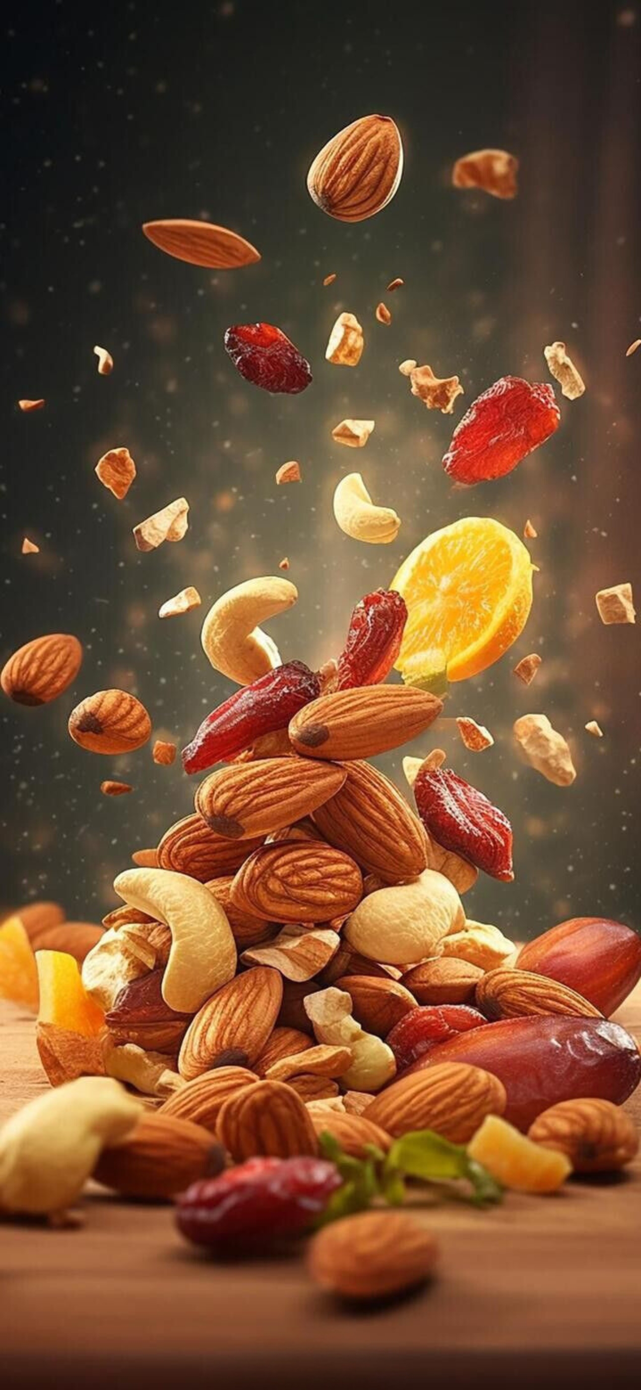 Vibrant assortment of nuts, dried fruits, and orange slice with rich textures and colors for a healthy vibe | 4K Wallpaper for Mobile