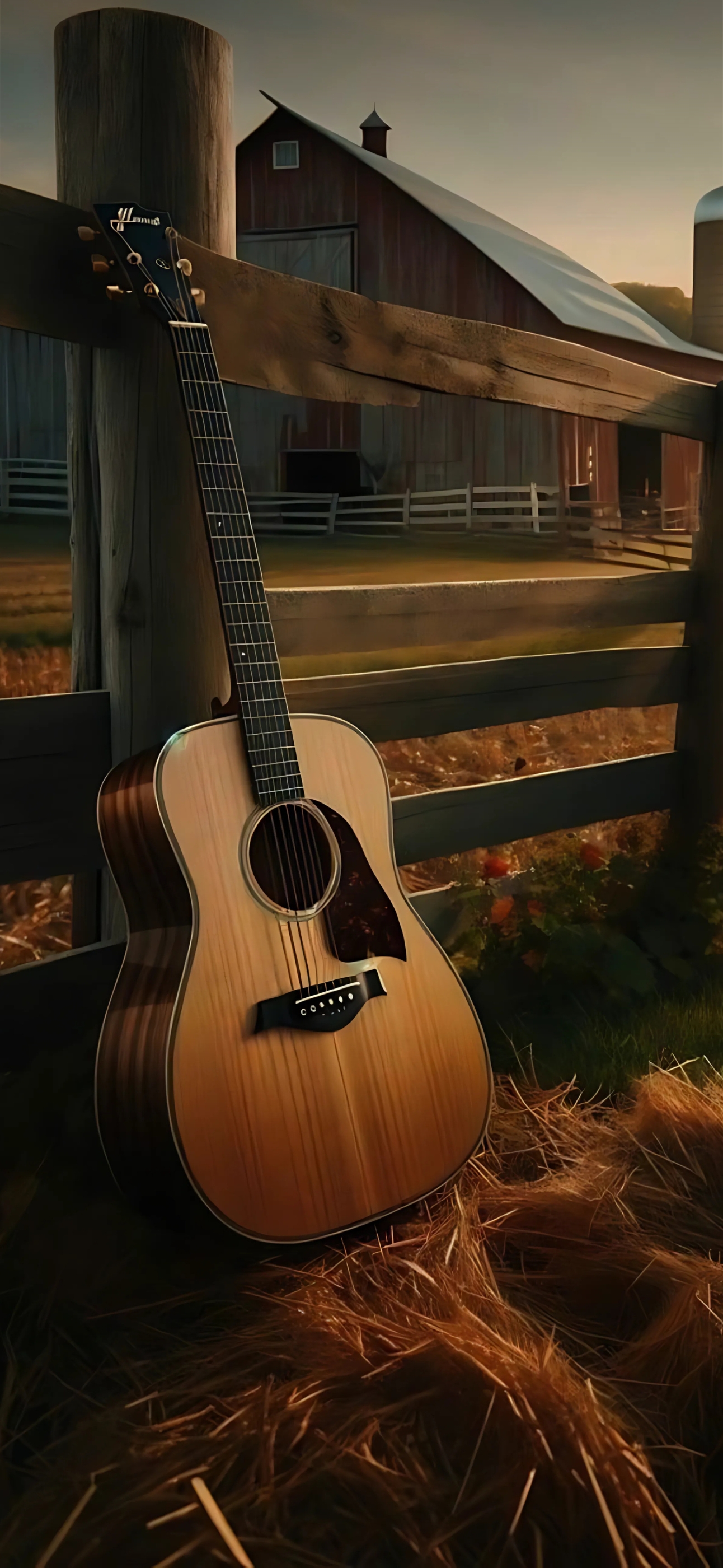 Acoustic guitar against a rustic fence with a barn and sunlit fields in the background | Brown, Green, Yellow | 4K Wallpaper, for Mobile