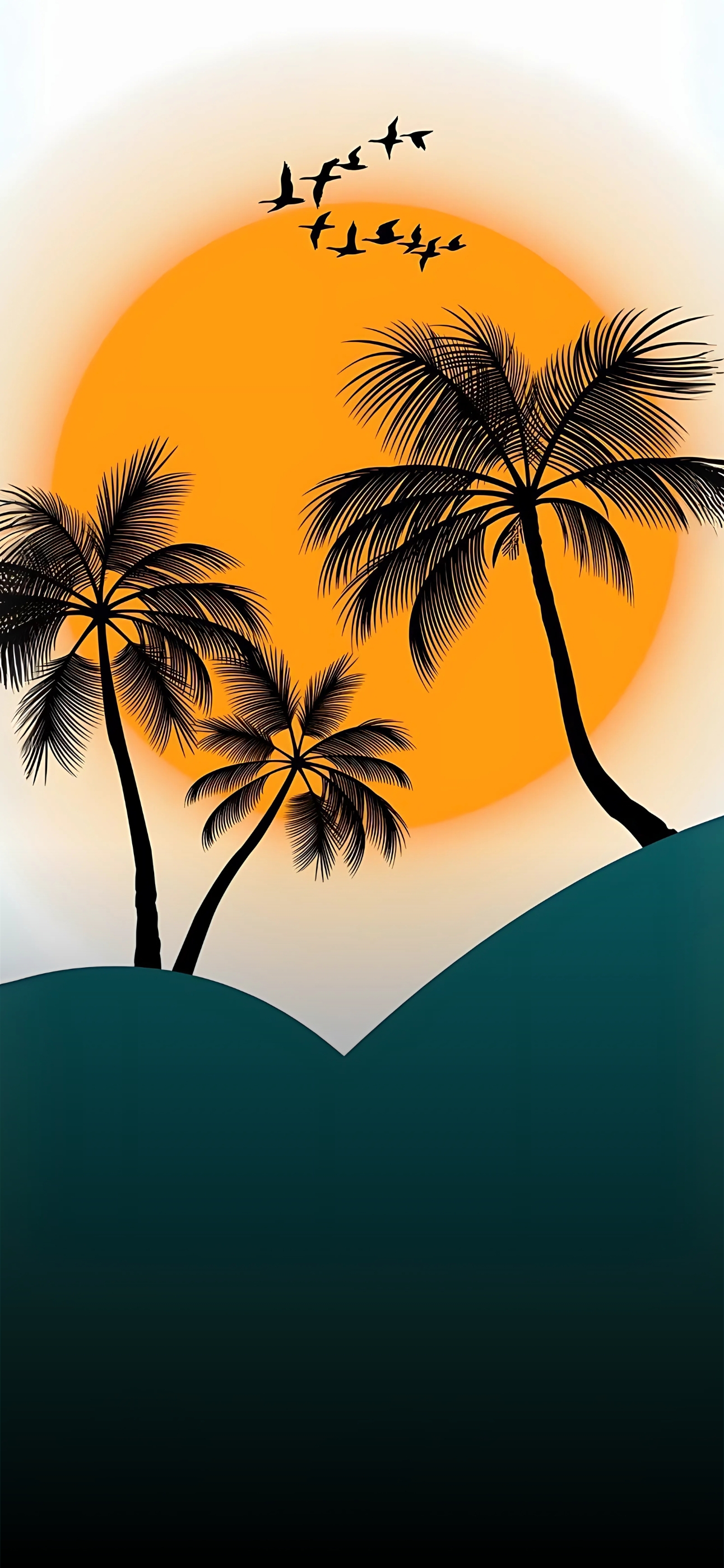 Tranquil sunset with palm tree silhouettes and birds over a vibrant sun, capturing a tropical beach vibe | 4K Wallpaper for Mobile