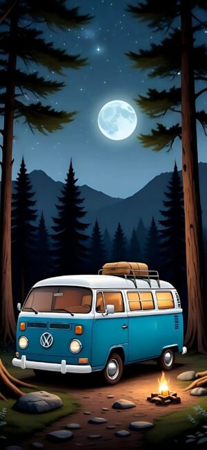 Vintage Volkswagen van in forest under starlit sky with full moon, campfire glow | Blue, Green, Black, White, Brown | 4K Wallpaper for Mobile