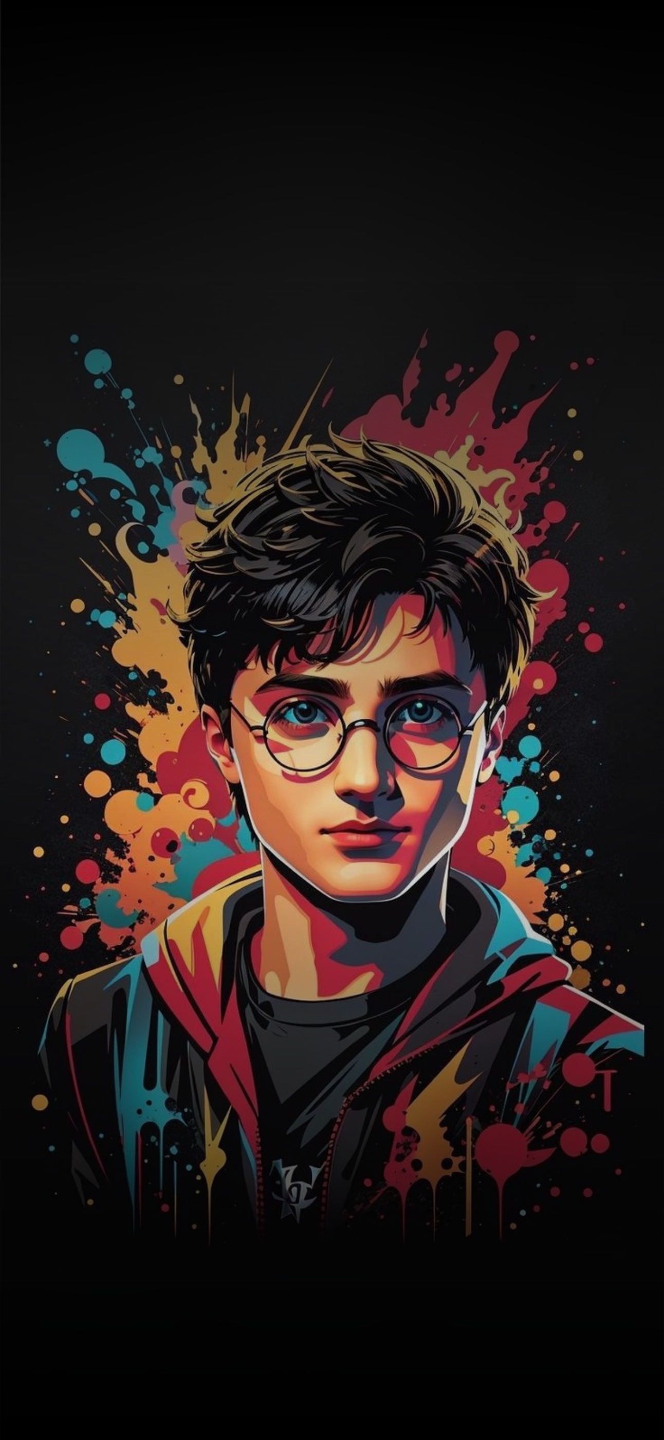 Harry Potter in vibrant colors on a dark abstract background; modern art style | 4K Wallpaper, for Mobile