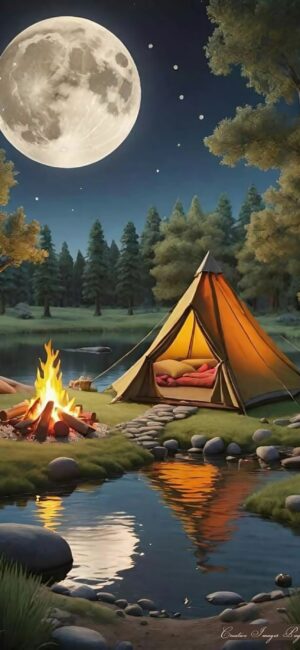 Serene camping scene under a full moon with tent and campfire by a stream in a lush forest. | 4K Wallpaper for Mobile