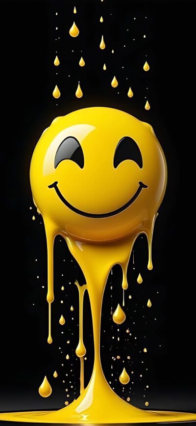 Melting yellow smiley face on a dark background, with dripping effect | 4K Wallpaper for Mobile