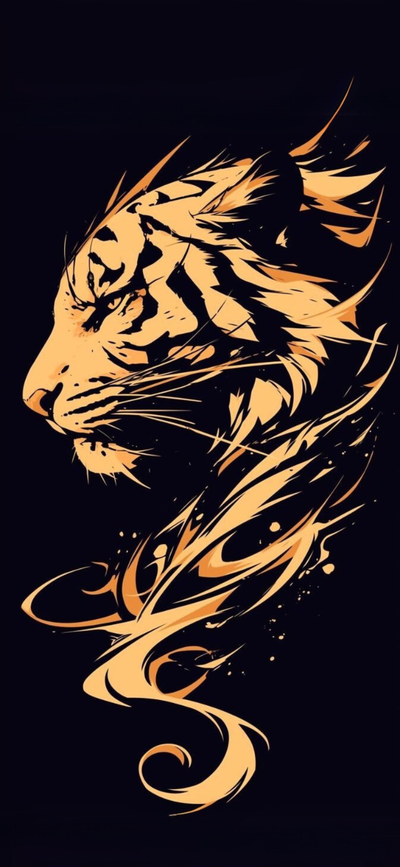 Abstract tiger illustration in bold swirling patterns on a dark background, emphasizing orange and black | 4K Wallpaper for Mobile