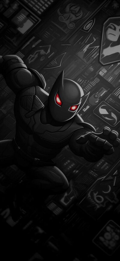 Mysterious superhero in black with red eyes in a dark urban setting, abstract patterns | 4K Wallpaper for Mobile | Black, Red, Gray