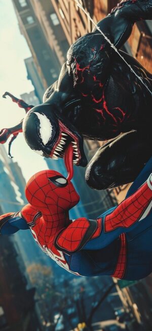 Spider-Man vs. Venom aerial battle in action-packed urban setting, featuring red, blue, and black hues | 4K Wallpaper for Mobile