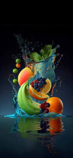 Splashing fruits and berries in blue water | Vibrant colors and reflections | 4K Wallpaper for Mobile