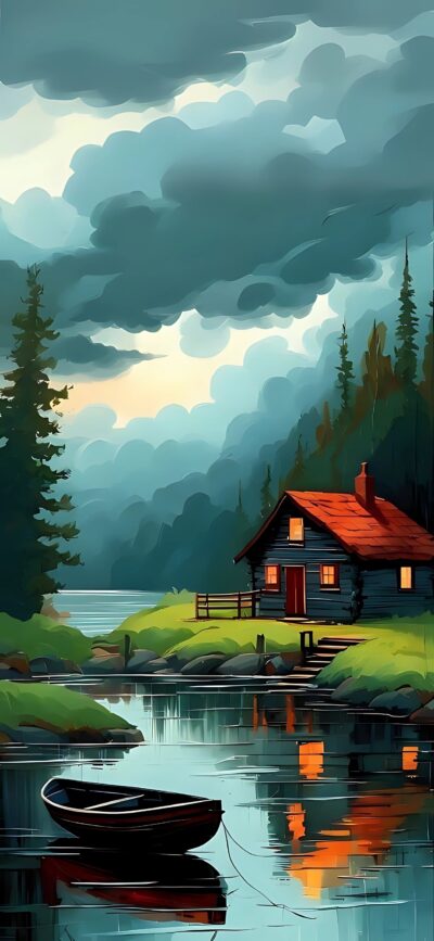 Serene landscape wallpaper of a cozy cabin by a tranquil lake, lush greenery, and a dramatic sky for mobile | 4K Wallpaper.