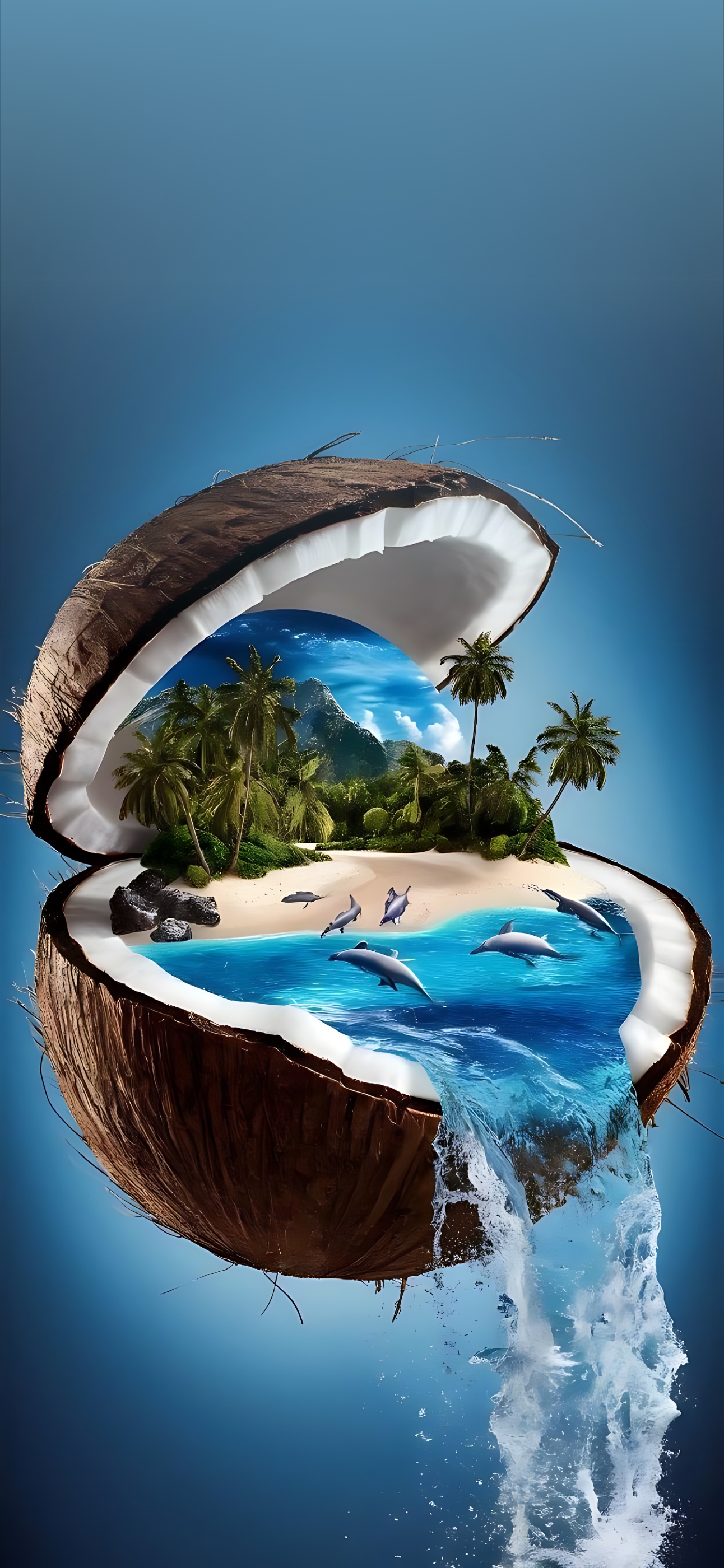 Surreal tropical island inside a coconut with beach, palm trees, dolphins, and waterfall | 4K Wallpaper for Mobile