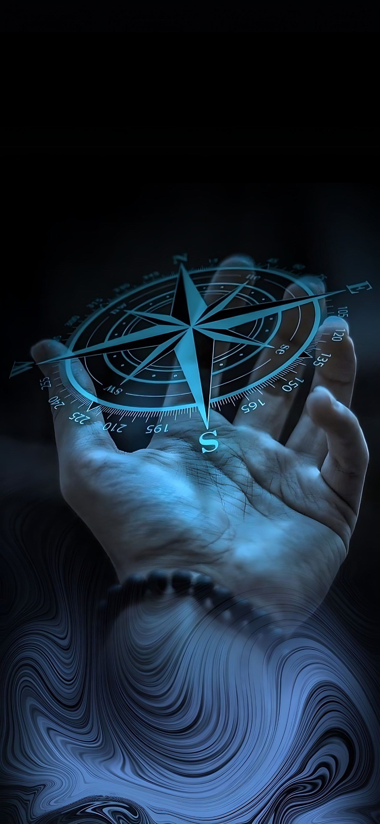 Hand holding a glowing blue compass with an abstract, futuristic swirl background | 4K Wallpaper for Mobile