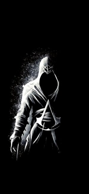 Mysterious hooded figure with Assassin's Creed insignia, dark shadowy design | 4K Wallpaper for Mobile | Black & White theme