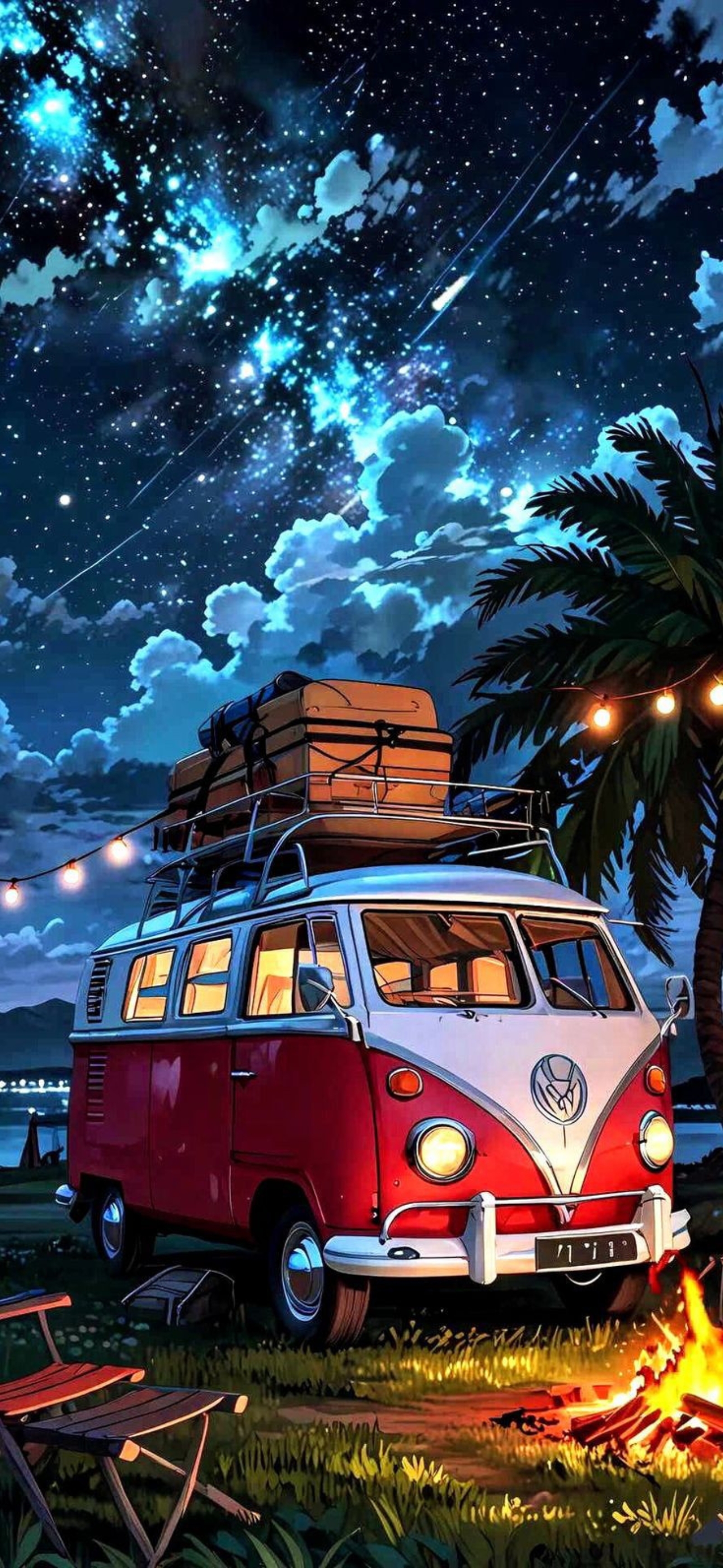 Vintage van under starry night with galaxies and campfire, creating an adventurous vibe | 4K Wallpaper for Mobile