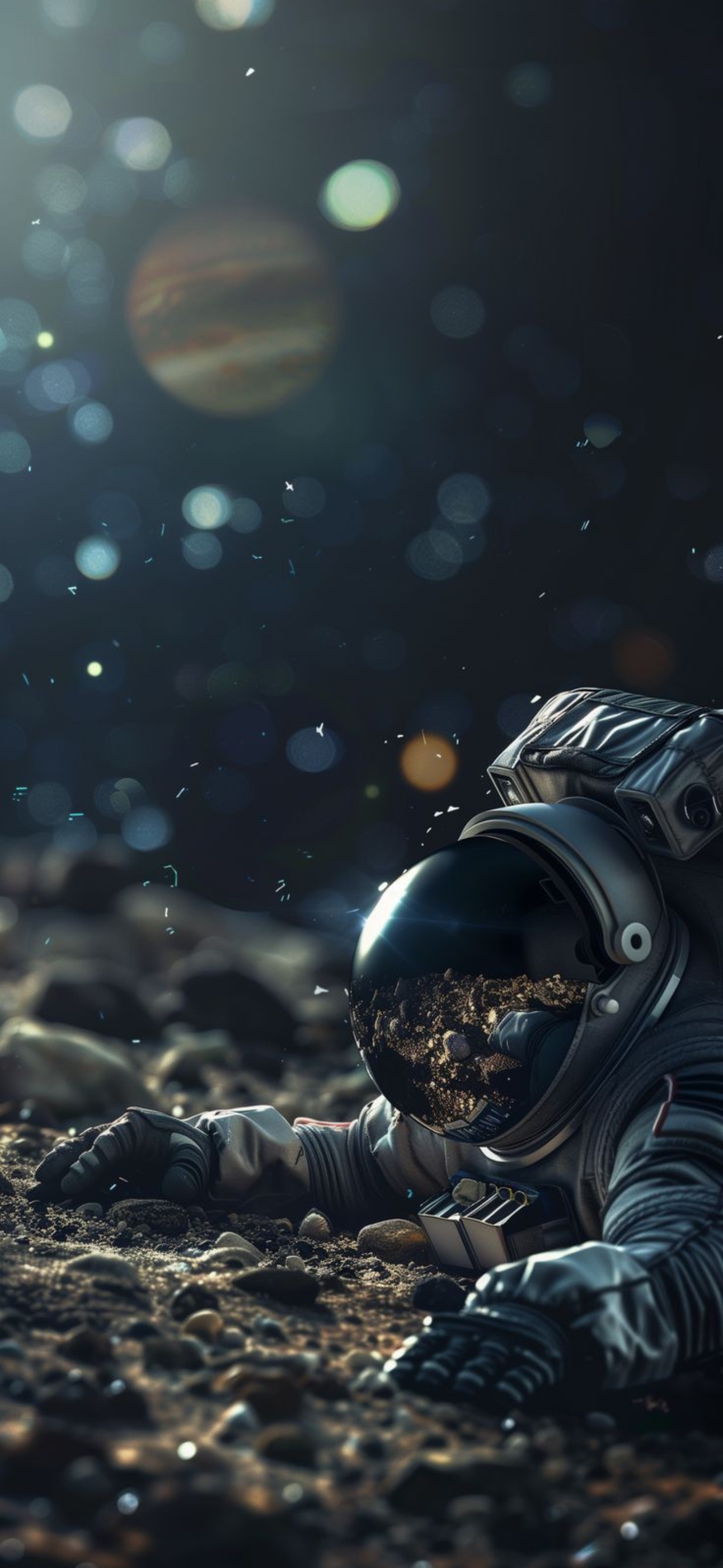 Astronaut on rocky terrain with Jupiter and bokeh lights in the background, creating a serene sci-fi vibe | 4K Wallpaper for Mobile.