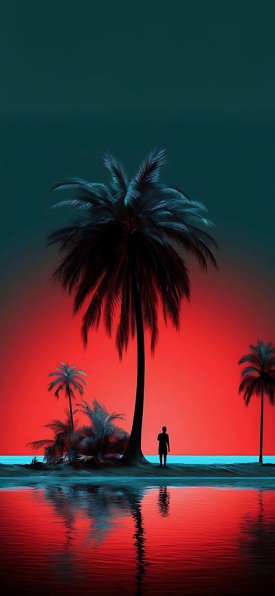 Silhouette on a tropical beach at sunset with vibrant red and black sky | 4K Wallpaper for Mobile