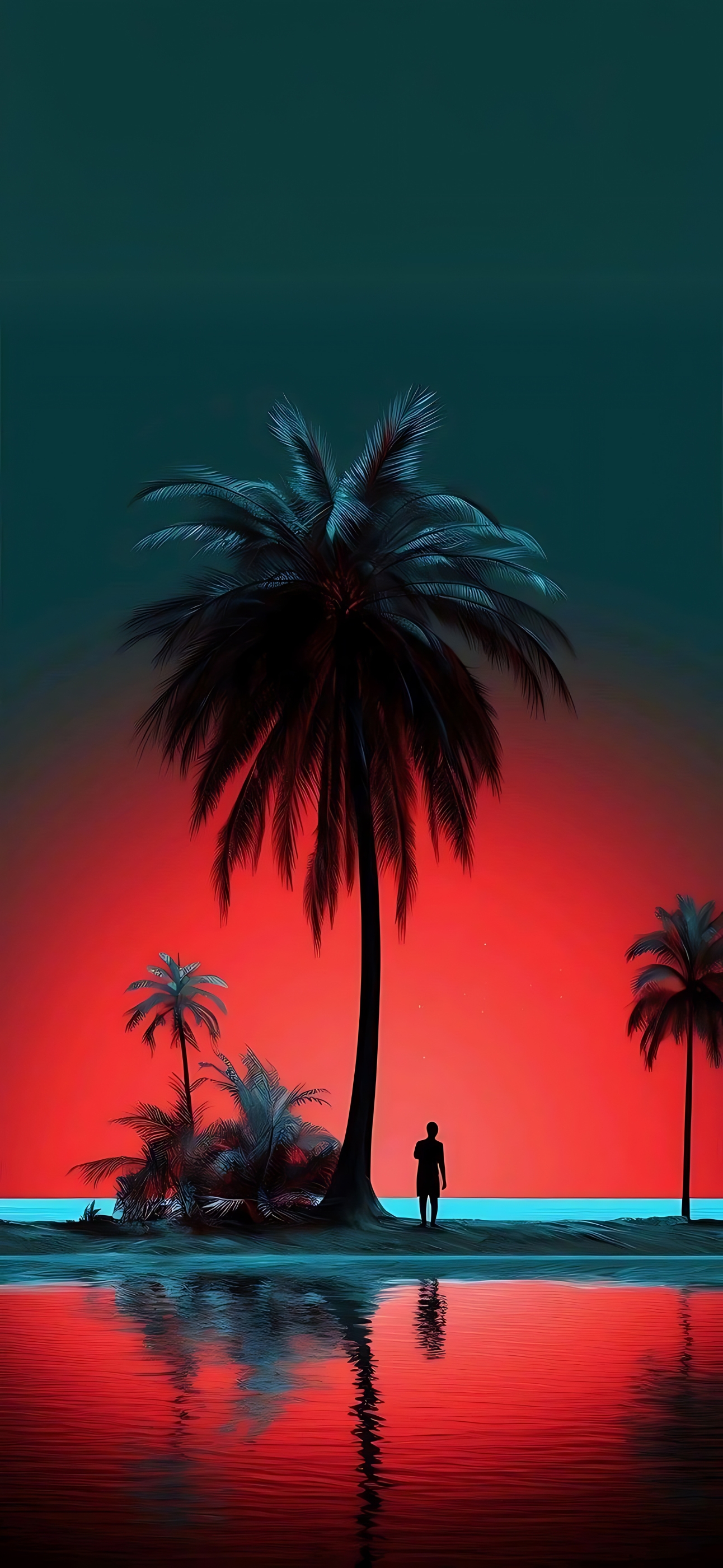 Silhouette on a tropical beach at sunset with vibrant red and black sky | 4K Wallpaper for Mobile