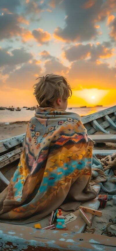 Child in a colorful shawl on a boat at sunset with vibrant clouds over the ocean | 4K Wallpaper, for Mobile