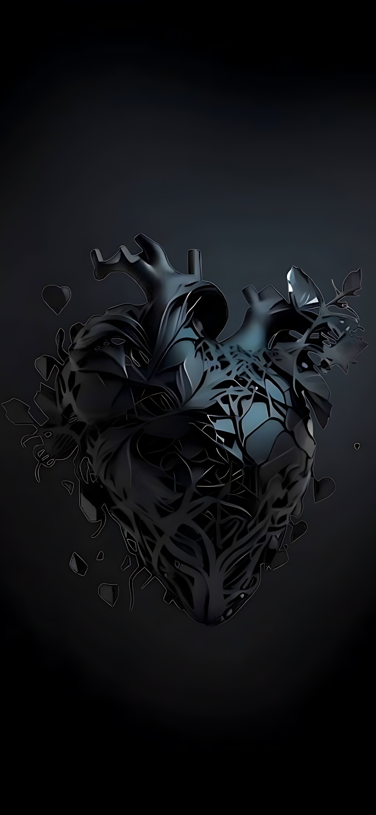 Dark abstract heart with intricate patterns & mysterious black aura evokes depth & emotion | 4K Wallpaper for Mobile