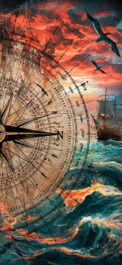 Vintage nautical wallpaper with antique compass, sunset sky, turbulent waves, and sailing ship | Blue, Orange, Brown, Black | 4K Wallpaper for Mobile