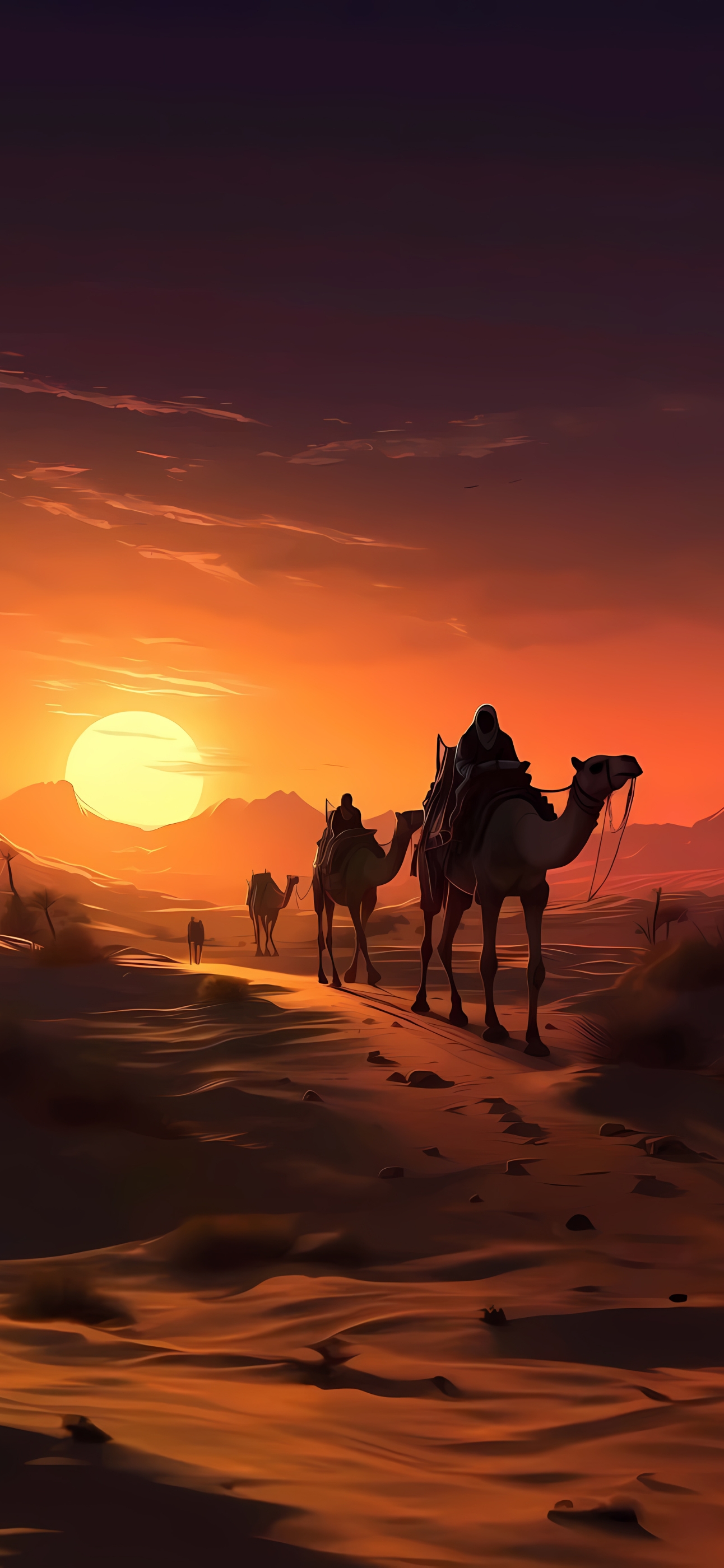 Silhouetted camels traverse a glowing desert landscape at sunset, warm hues illuminate dunes. | 4K Wallpaper for Mobile