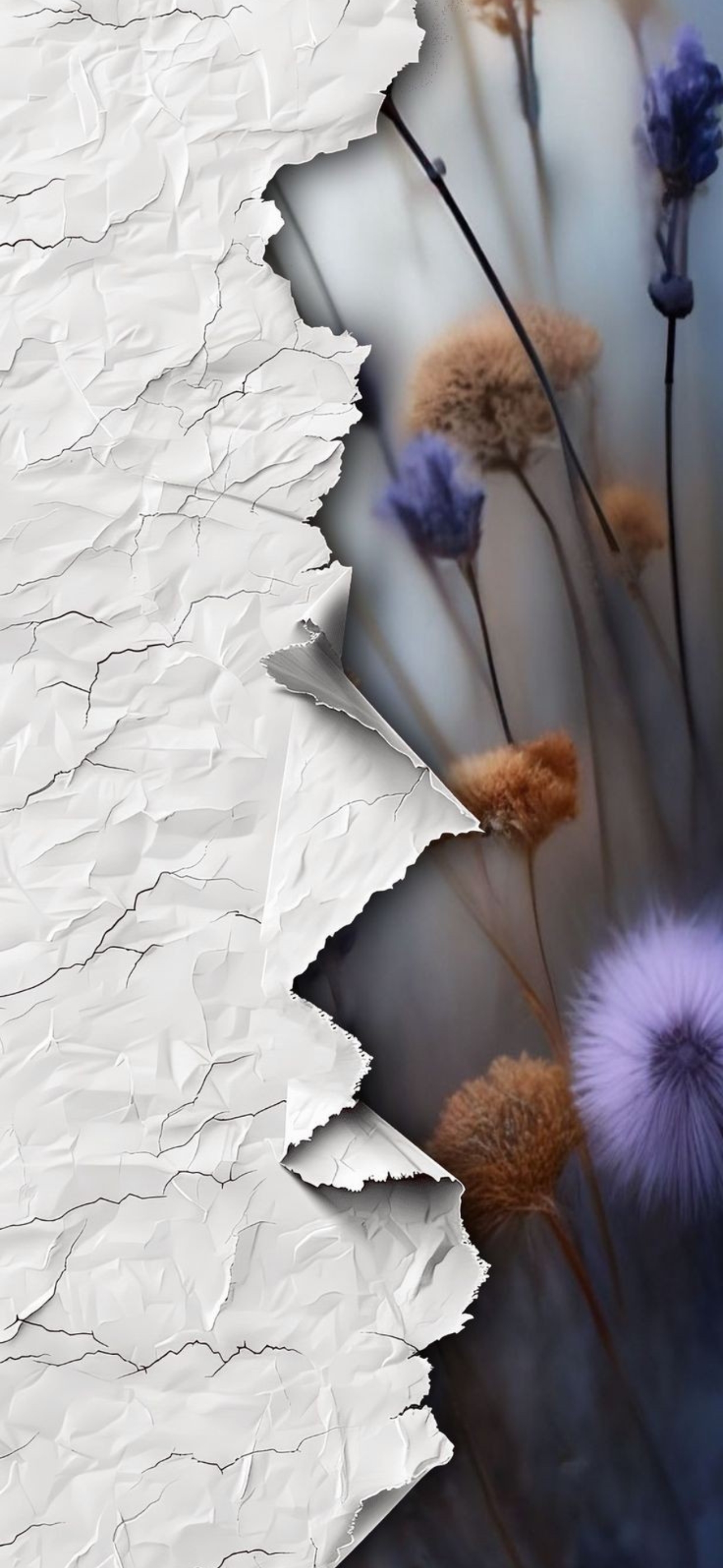 Peeled paper revealing soft-focus dried flowers in brown and purple | 4K Wallpaper for Mobile