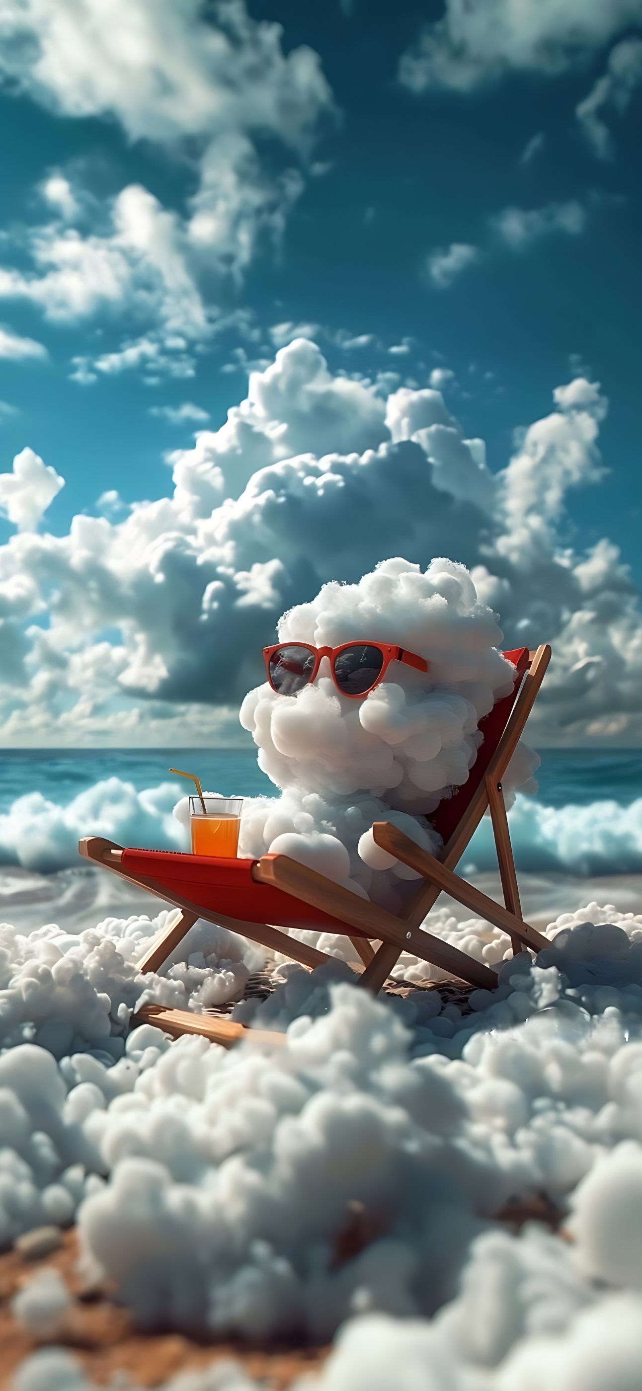 Whimsical cloud person in sunglasses on a beach chair, vibrant sky and ocean. Primary colors: blue, white, orange. | 4K Wallpaper for Mobile