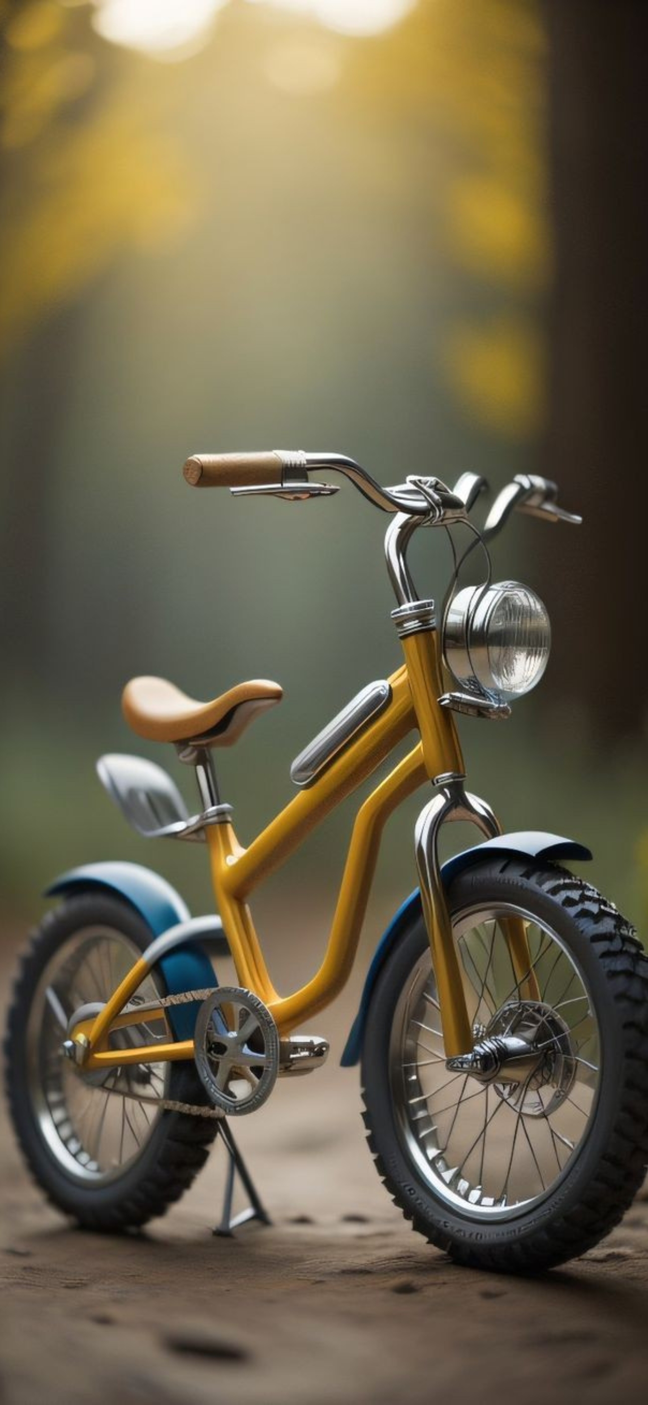 Vintage-style golden-yellow bicycle on textured ground, brown seat, silver handlebars, serene nostalgic vibe | 4K Wallpaper for Mobile