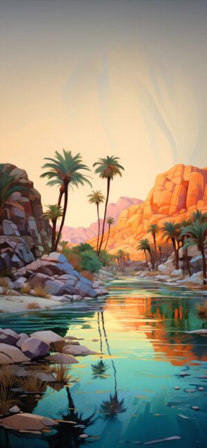 Serene desert landscape with palm trees, cliffs, and a river at sunset in orange, green, blue, yellow tones | 4K Wallpaper for Mobile