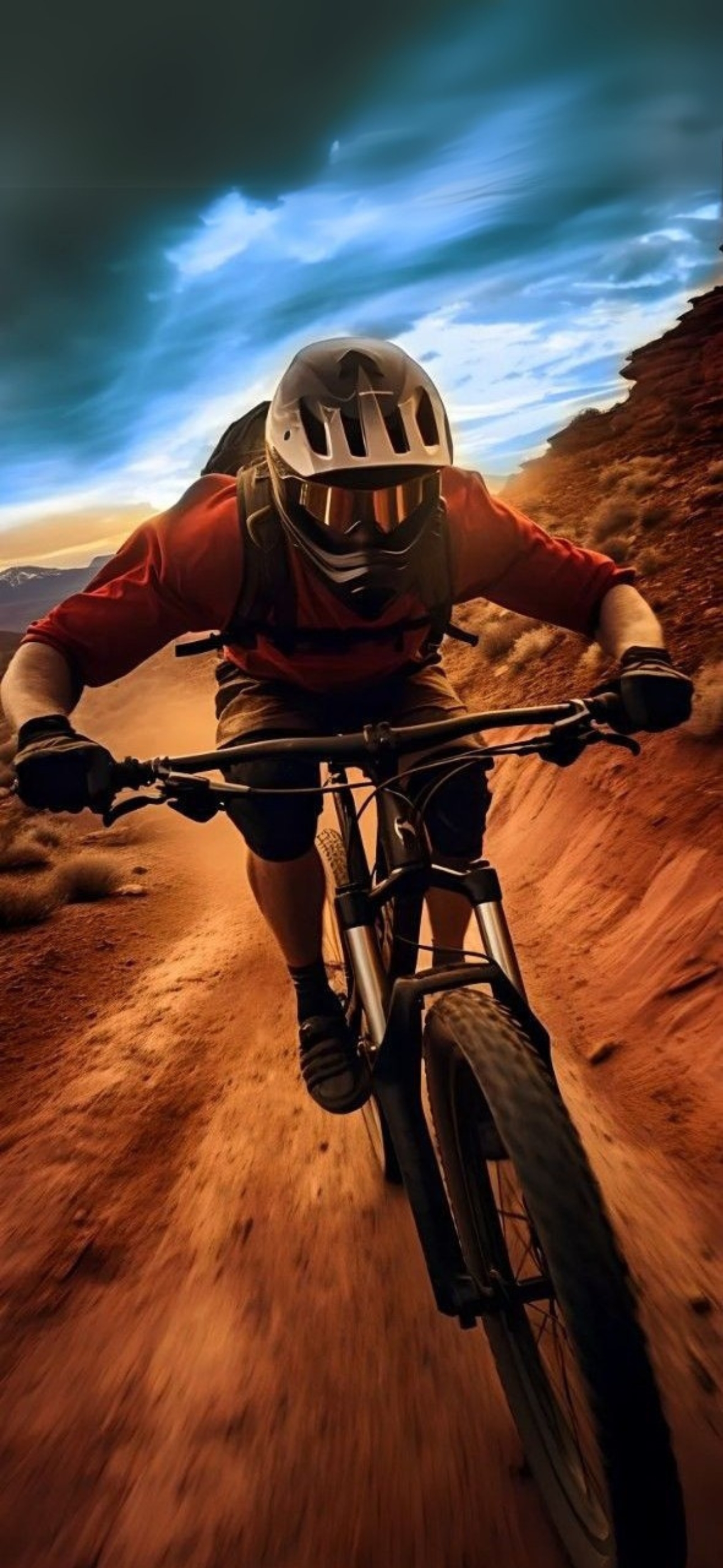 Mountain biker descending a rugged trail with vibrant sky in the background | 4K Wallpaper for Mobile | Brown, Blue, Black tones