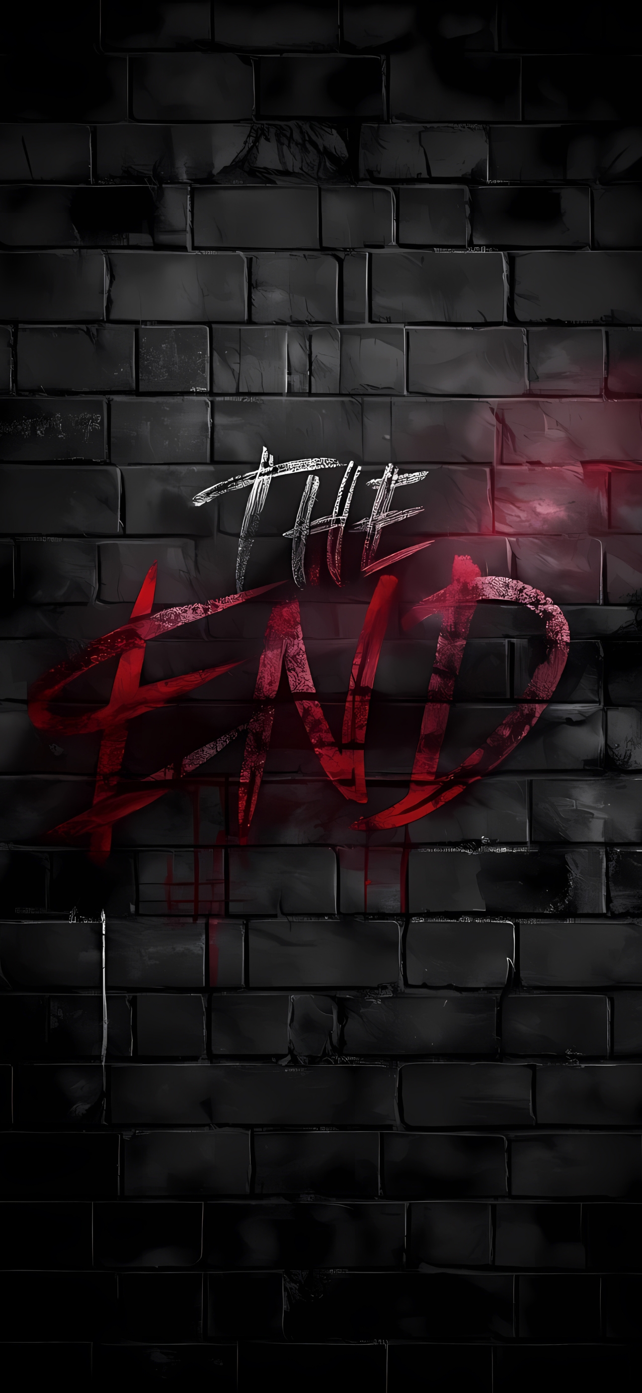 "The End" bold red & white text on textured black brick wall creates a dramatic ambiance | 4K Wallpaper for Mobile