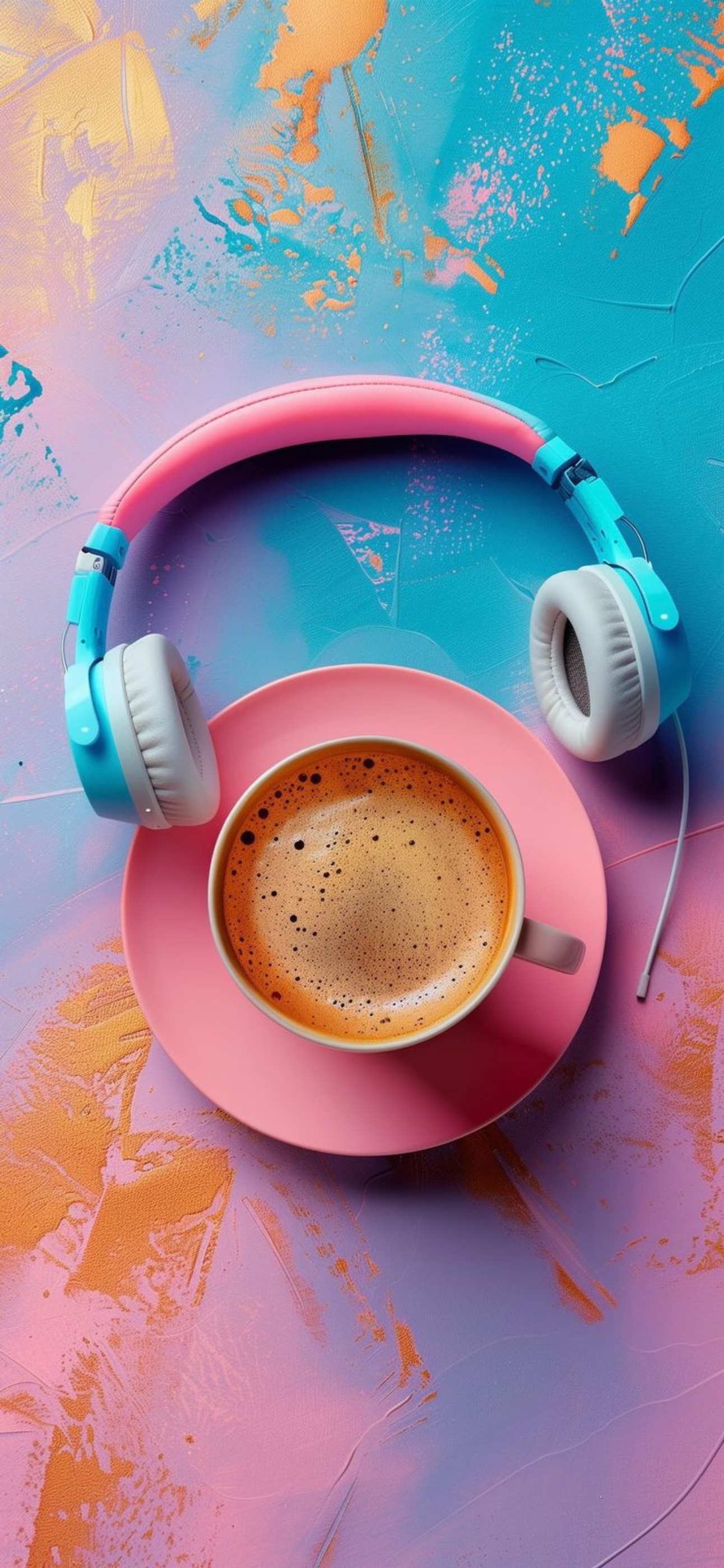 Steaming coffee on pink saucer with pink and blue headphones; abstract turquoise and orange background | 4K Wallpaper for Mobile