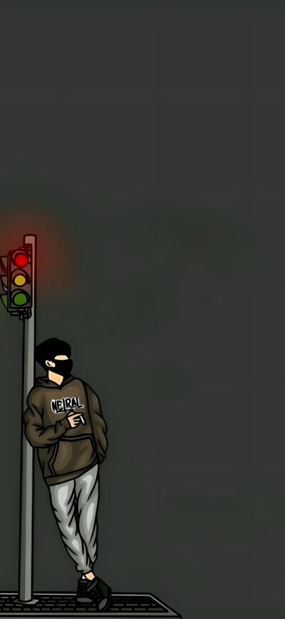 Minimalist design featuring a hooded person by a traffic light with red, yellow, green lights on a dark background | 4K Wallpaper for Mobile