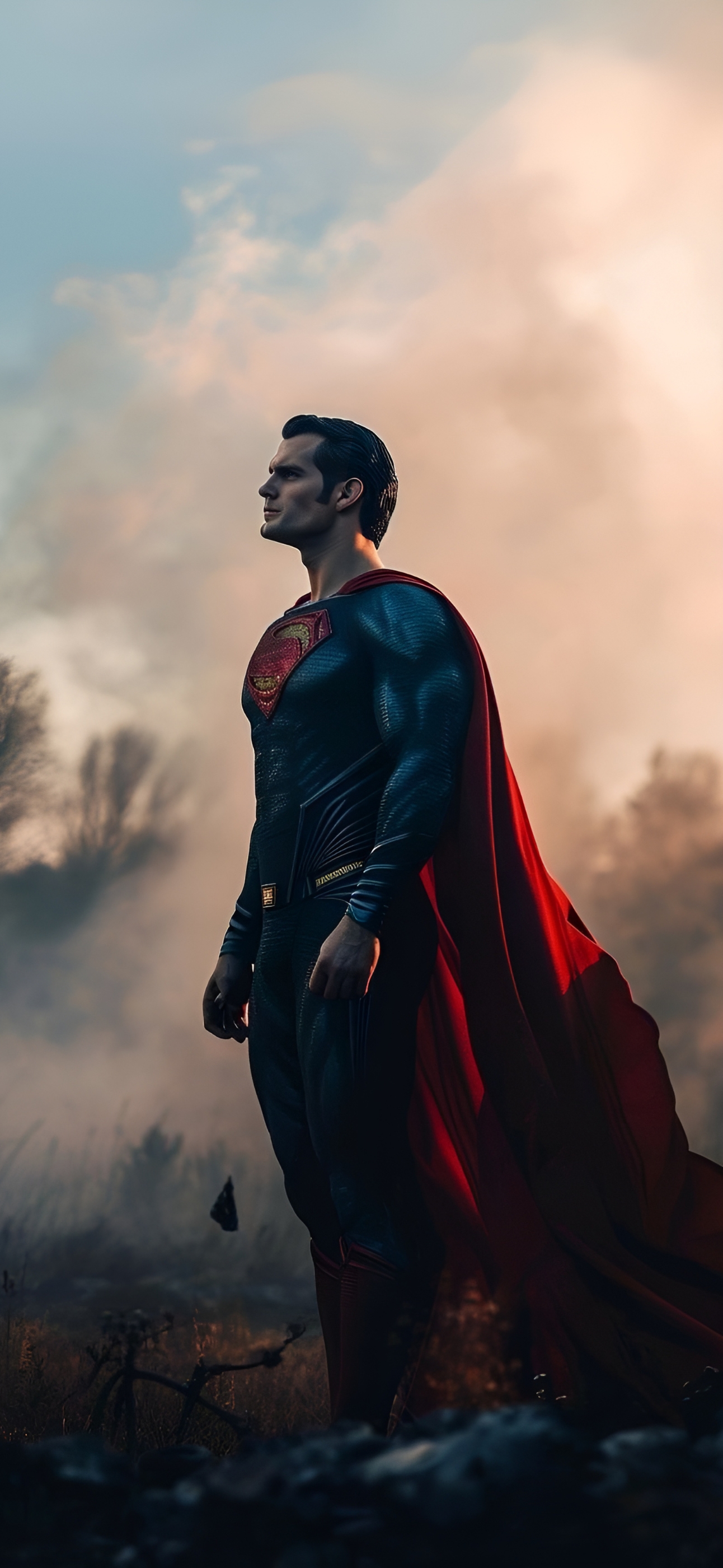 Superman heroic pose with red cape, dramatic cloudy background | Blue, Red, Gray | 4K Wallpaper for Mobile