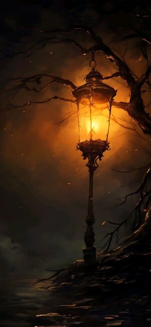 Ornate street lamp glowing in darkness surrounded by tree branches, rich orange, and dark hues | 4K Wallpaper for Mobile