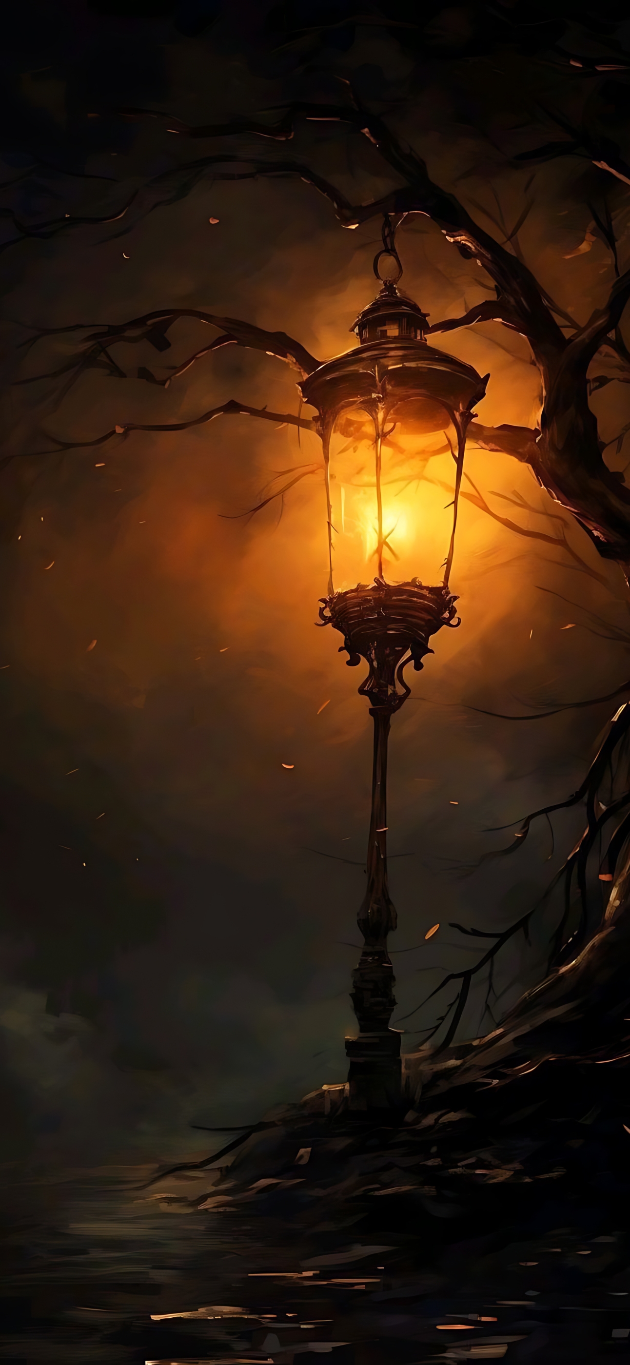 Ornate street lamp glowing in darkness surrounded by tree branches, rich orange, and dark hues | 4K Wallpaper for Mobile