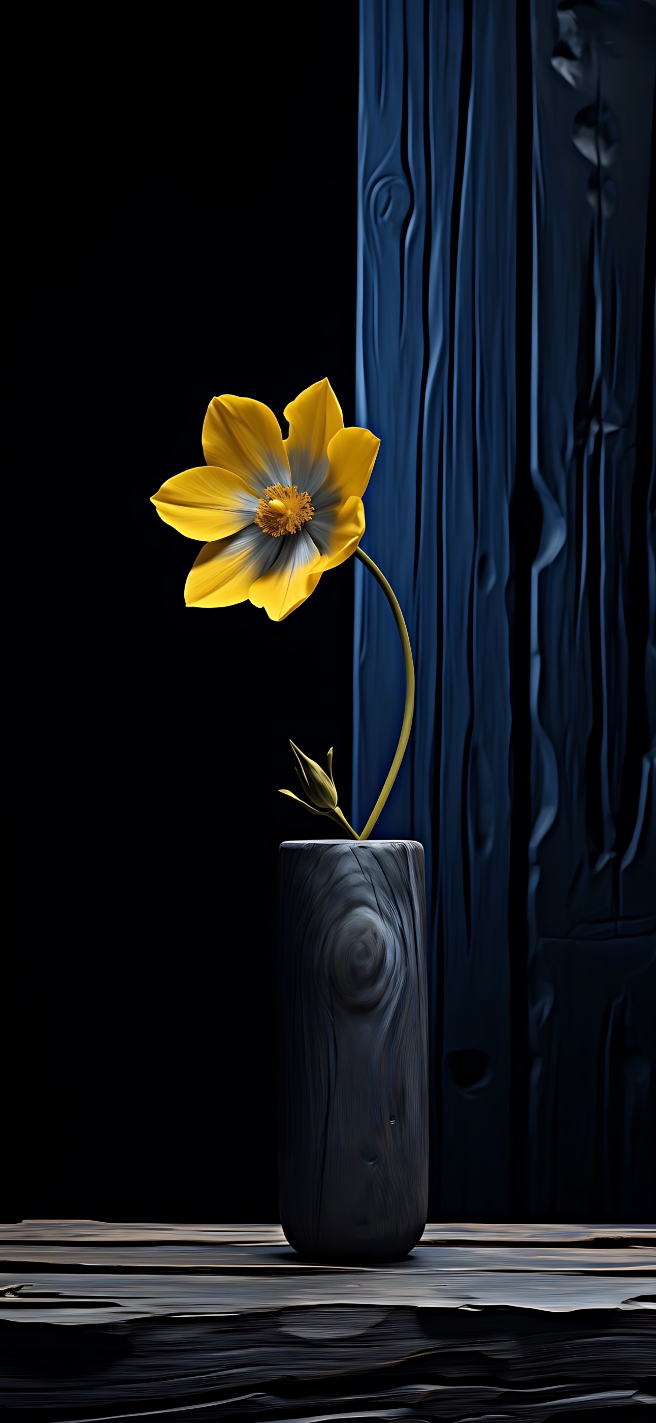 Single yellow flower in wooden vase on dark blue textured background, highlighting simplicity against moody tones | 4K Wallpaper for Mobile